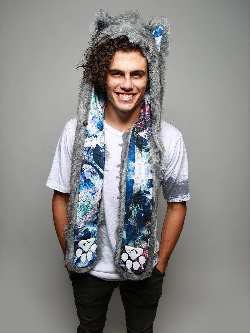 Man wearing faux fur Frosted Wolf Collector SpiritHood