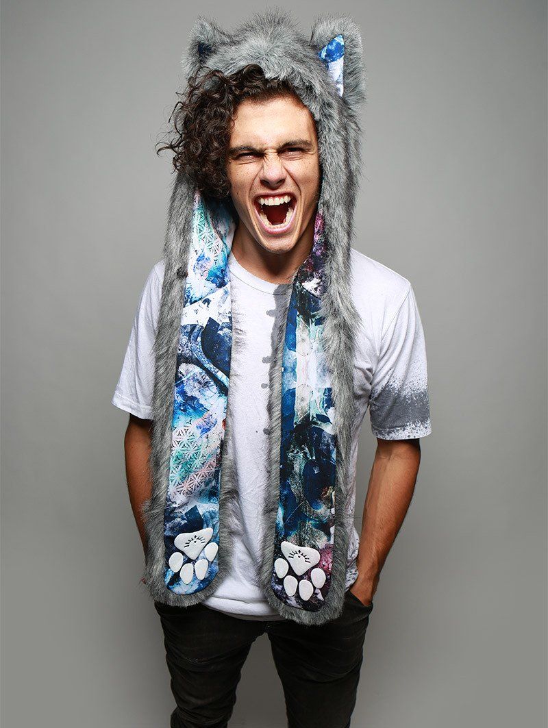 Man wearing faux fur Frosted Wolf Collector SpiritHood, front view