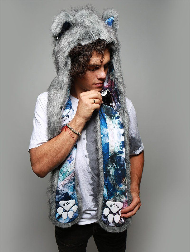 Man wearing faux fur Frosted Wolf Collector SpiritHood, front view 2