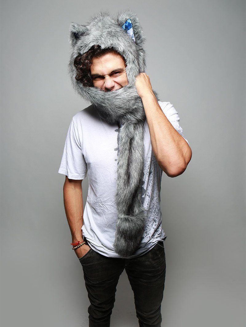 Man wearing faux fur Frosted Wolf Collector SpiritHood, front view 1