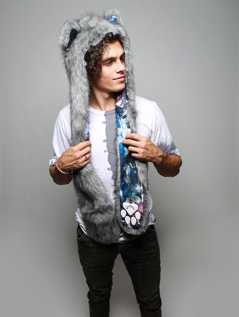 Man wearing faux fur Frosted Wolf Collector SpiritHood, side view 1
