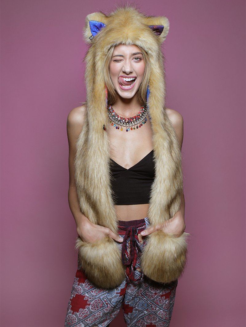 Woman wearing Galaxy Cougar CE Faux Fur SpiritHood, front view 4