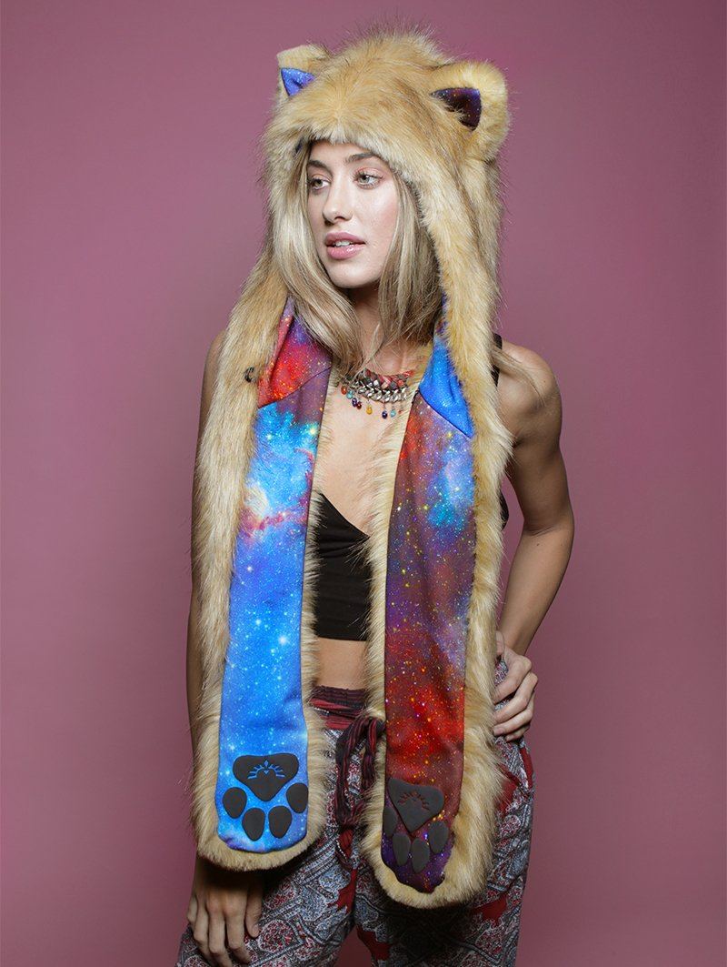 Woman wearing Galaxy Cougar CE Faux Fur SpiritHood, front view 5