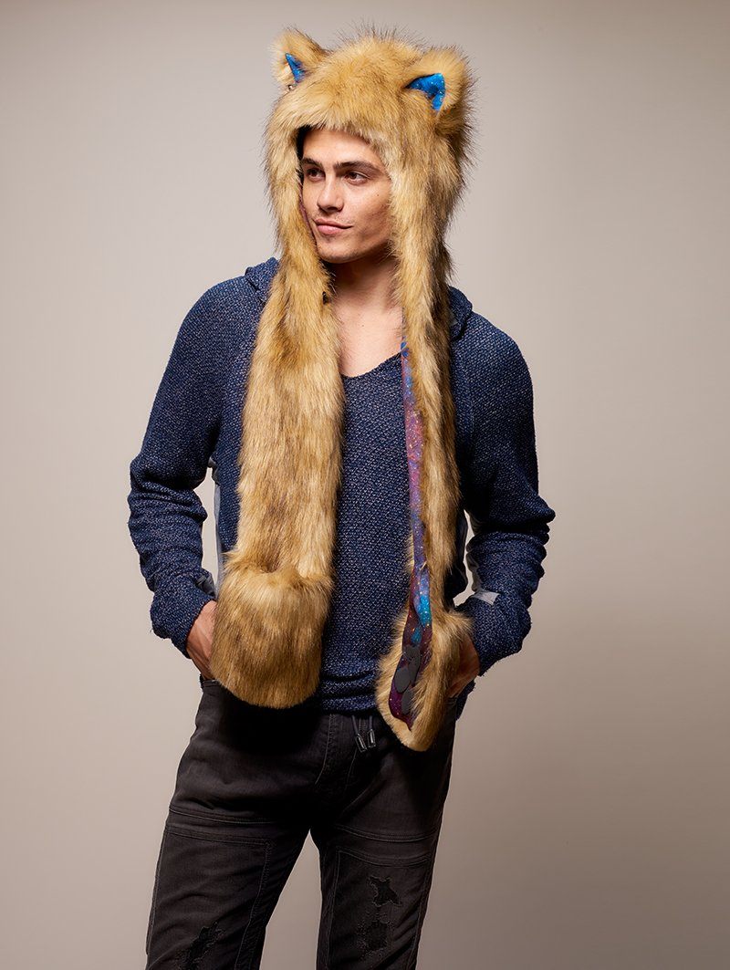 Man wearing faux fur Galaxy Mountain Lion CE SpiritHood, side view