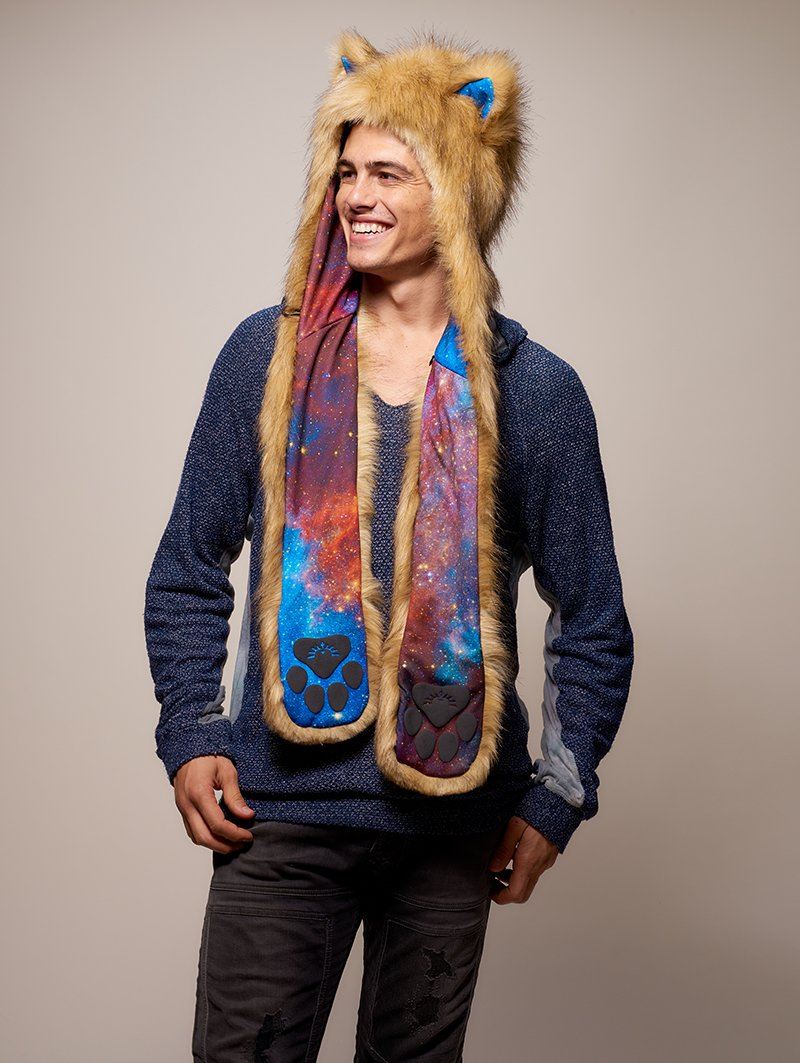 Man wearing faux fur Galaxy Mountain Lion CE SpiritHood