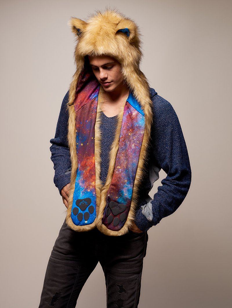 Man wearing faux fur Galaxy Mountain Lion CE SpiritHood, side view 2