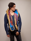 Man wearing faux fur Galaxy Mountain Lion CE SpiritHood, front view