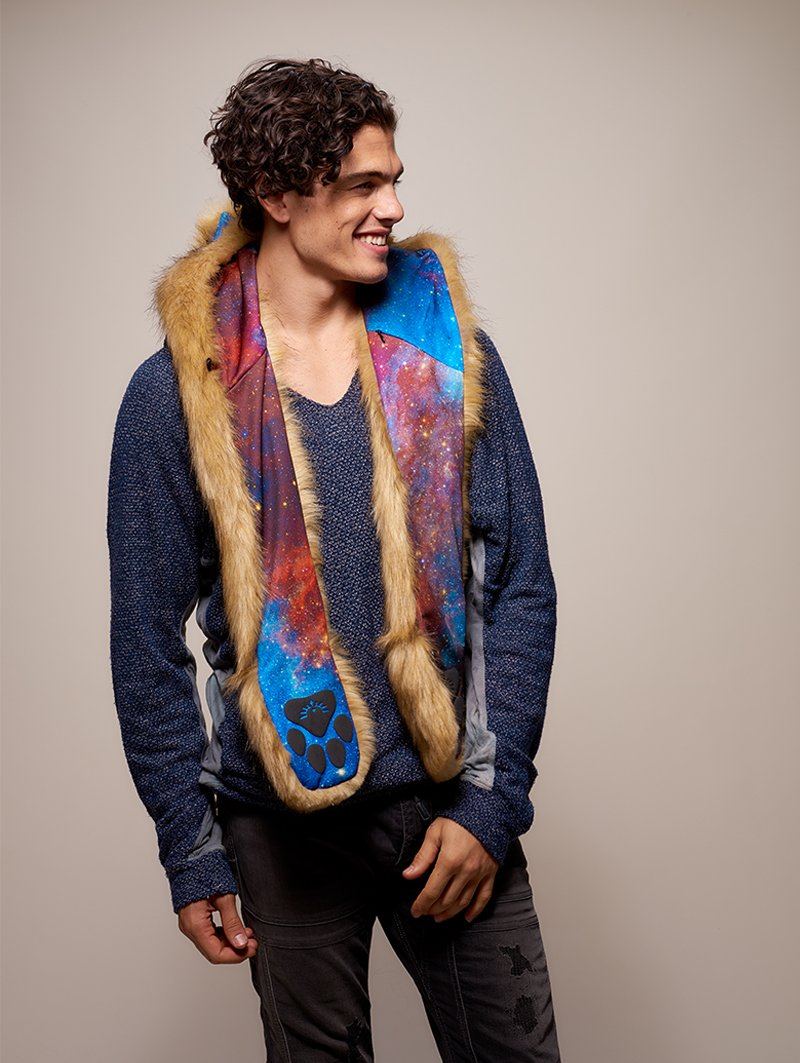 Man wearing faux fur Galaxy Mountain Lion CE SpiritHood, front view