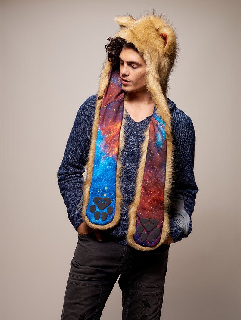 Man wearing faux fur Galaxy Mountain Lion CE SpiritHood, side view 1