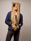 Man wearing faux fur Galaxy Mountain Lion CE SpiritHood, front view 1