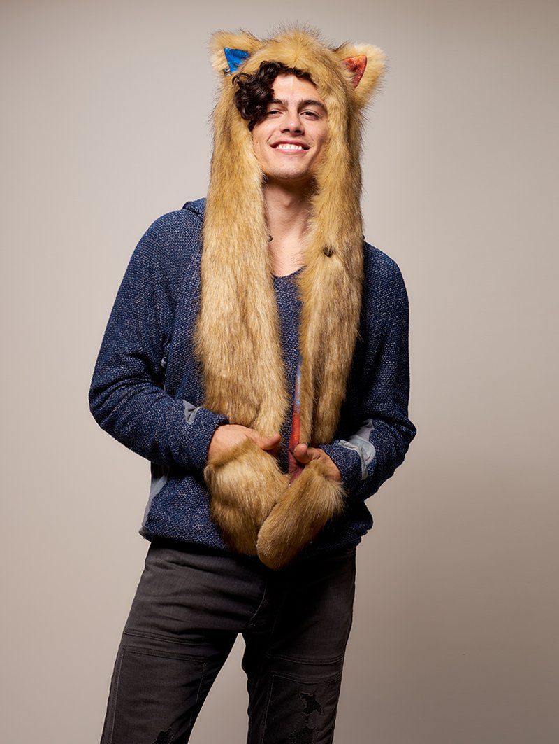Man wearing faux fur Galaxy Mountain Lion CE SpiritHood, front view 1