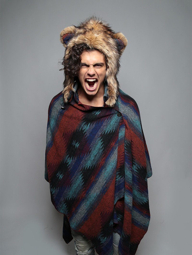 Man wearing Moon Cape + Kodiak Griz 1/2 Faux Fur SpiritHood, front view