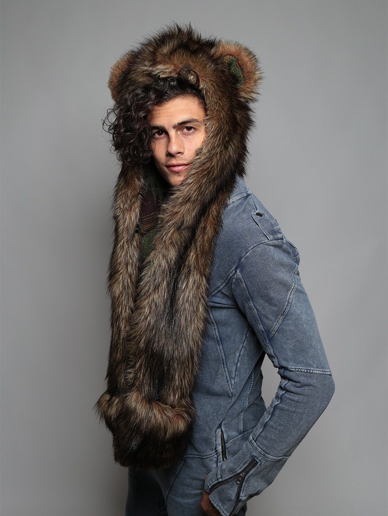 Man wearing faux fur Grizzly Bear Italy SpiritHood, side view 1