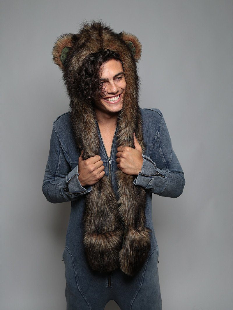 Man wearing faux fur Grizzly Bear Italy SpiritHood, front view 1