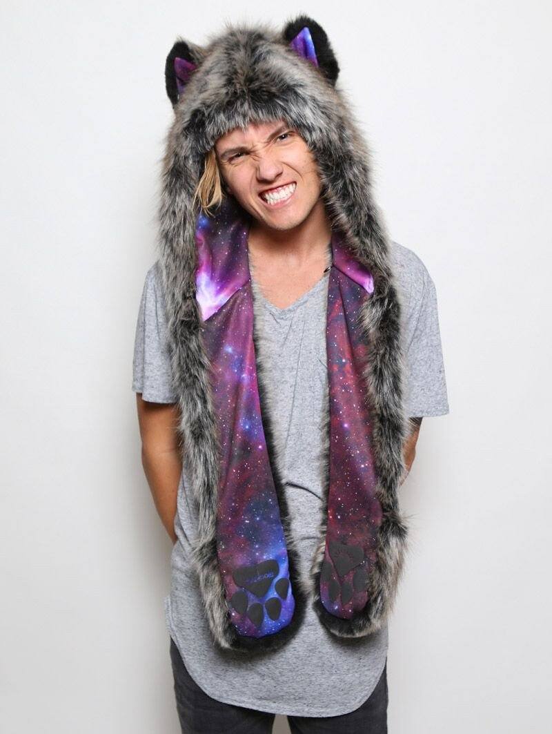 Man wearing faux fur Black Milk Galaxy Wolf Collectors Edition SpiritHood
