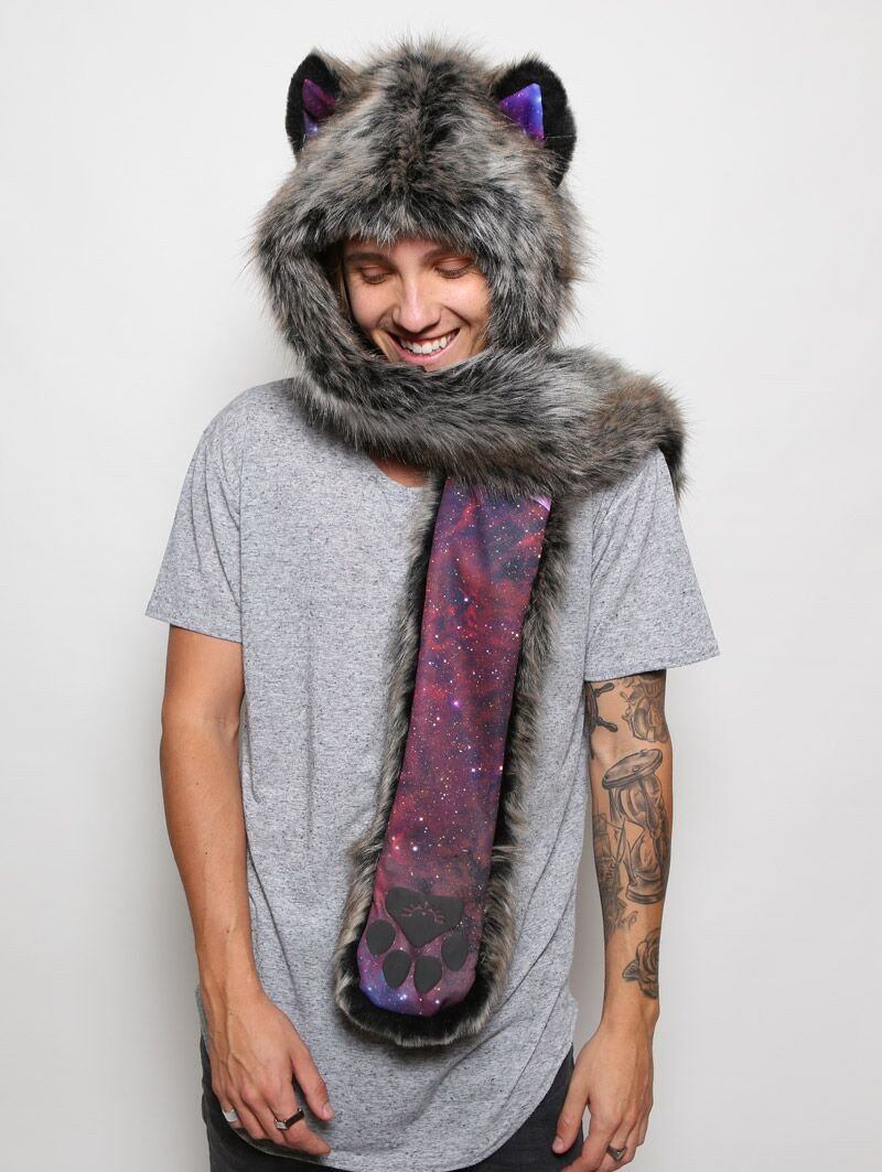 Man wearing faux fur Black Milk Galaxy Wolf Collectors Edition SpiritHood, front view 3