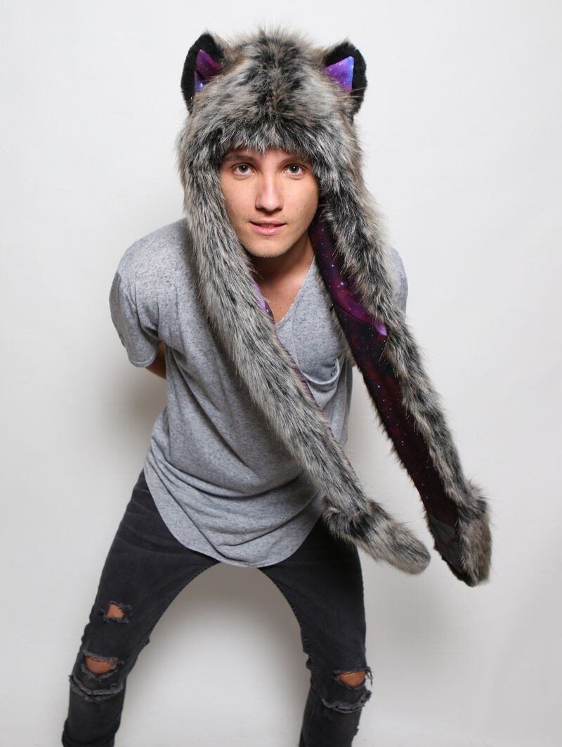 Man wearing faux fur Black Milk Galaxy Wolf Collectors Edition SpiritHood, front view 5