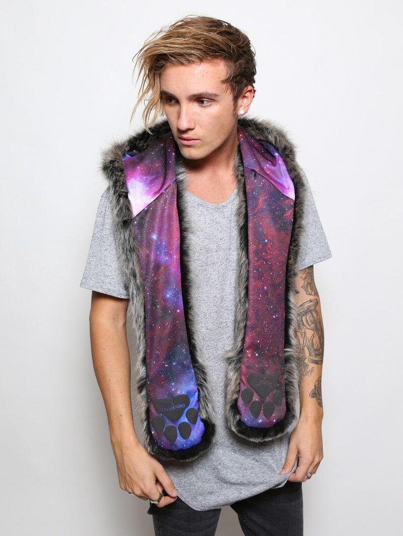 Man wearing faux fur Black Milk Galaxy Wolf Collectors Edition SpiritHood, front view 1 