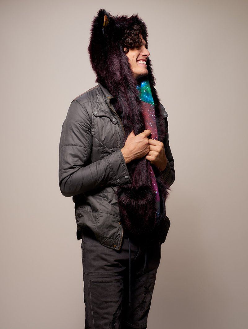 Man wearing CE Sangria Galaxy Wolf SpiritHood, side view 1