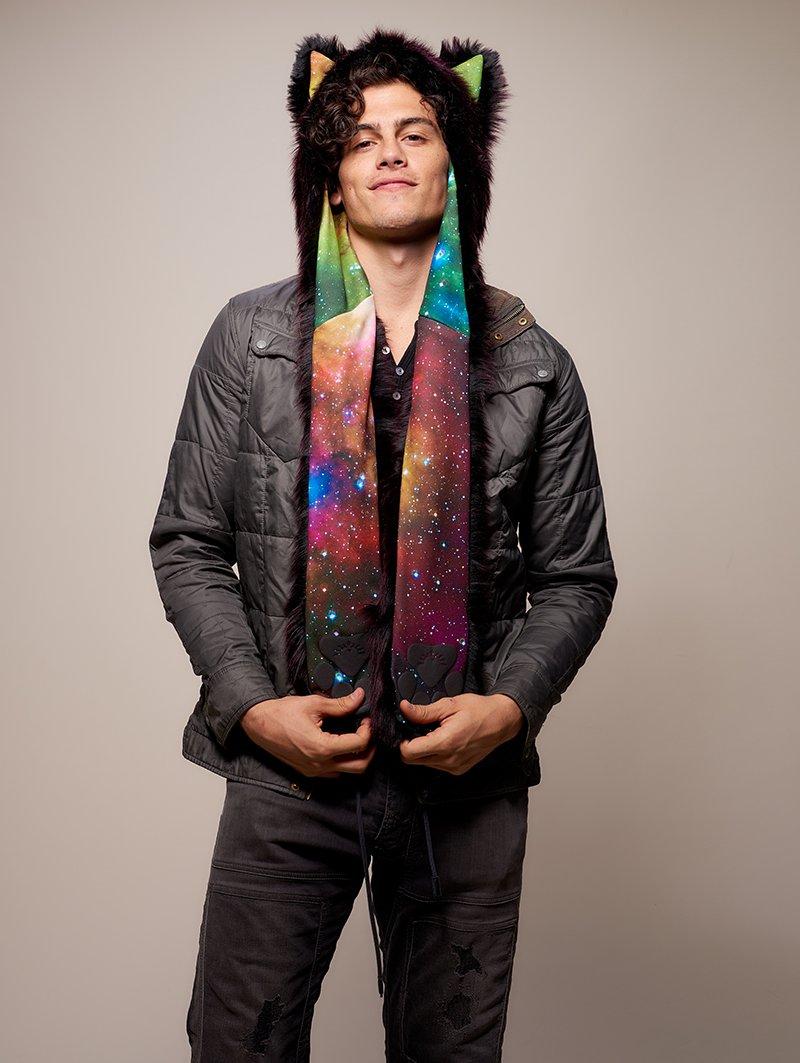Man wearing CE Sangria Galaxy Wolf SpiritHood, front view 2