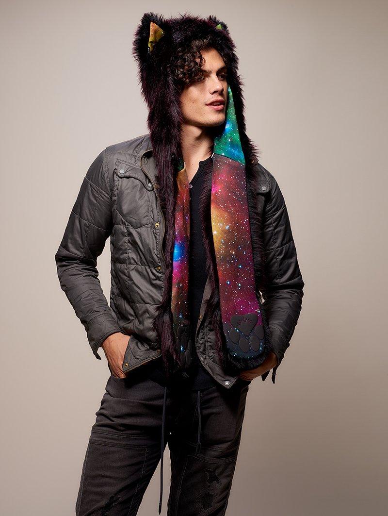 Man wearing CE Sangria Galaxy Wolf SpiritHood, side view 2