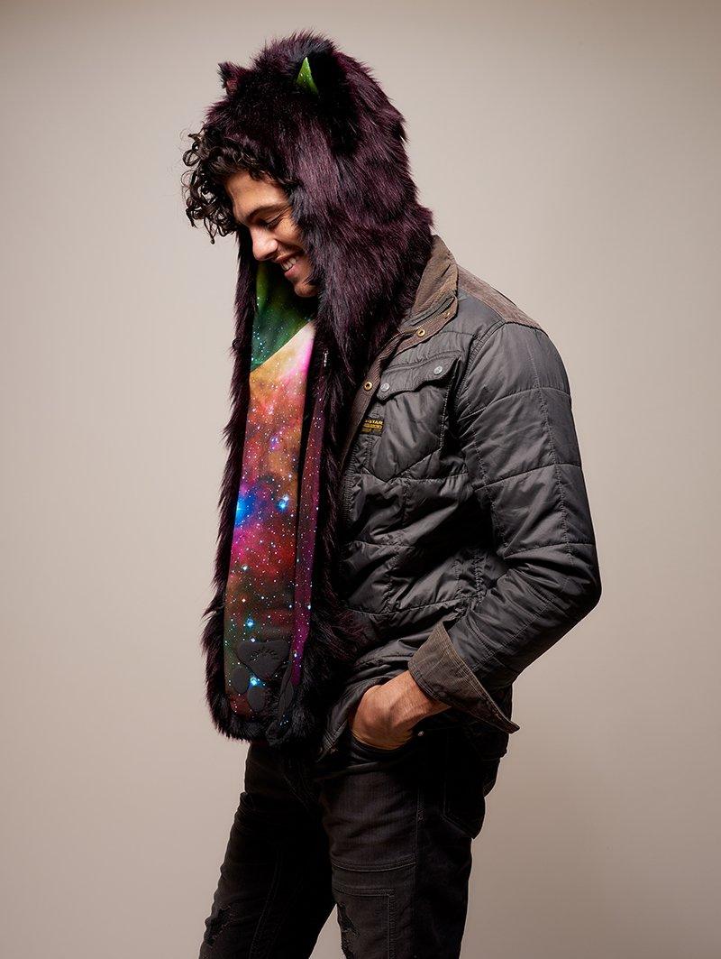 Man wearing CE Sangria Galaxy Wolf SpiritHood, side view 3