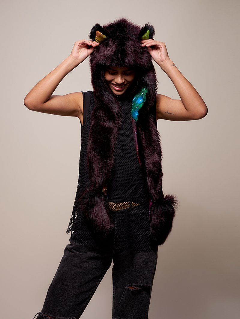 Hooded Faux Fur with Sangria Galaxy Wolf Design