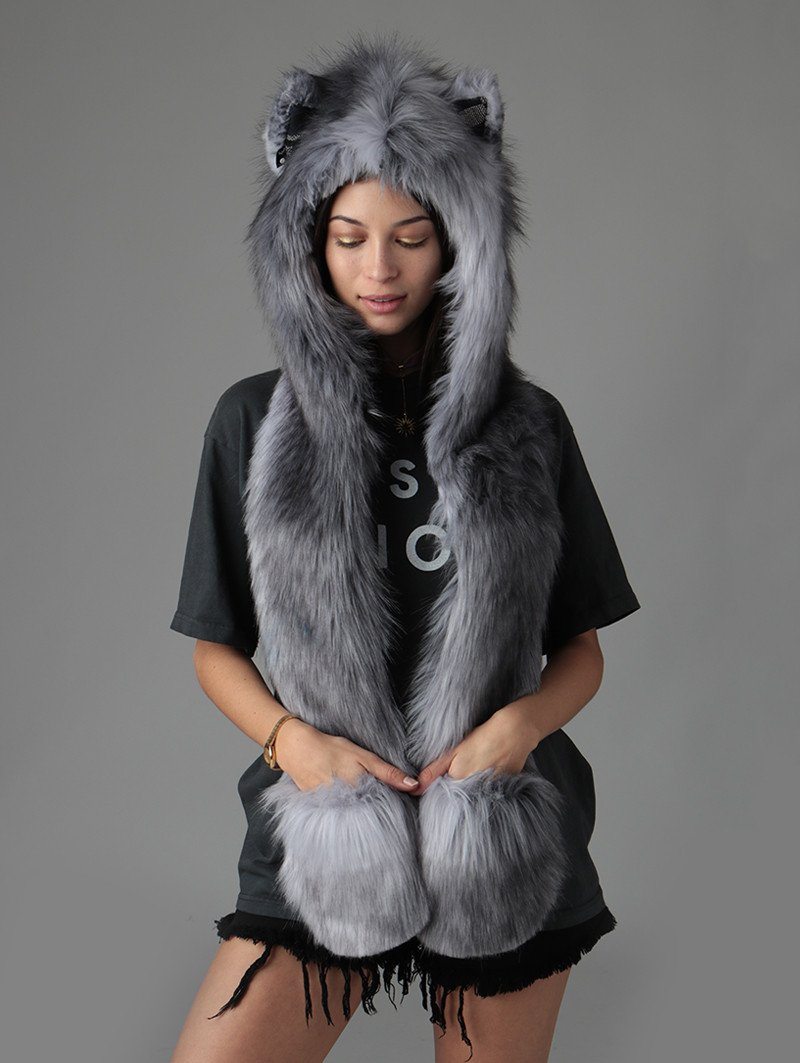 Grey Fox Faux Fur with Hood