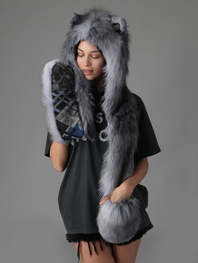 Exterior and Interior View of Grey Fox Faux Fur SpiritHood