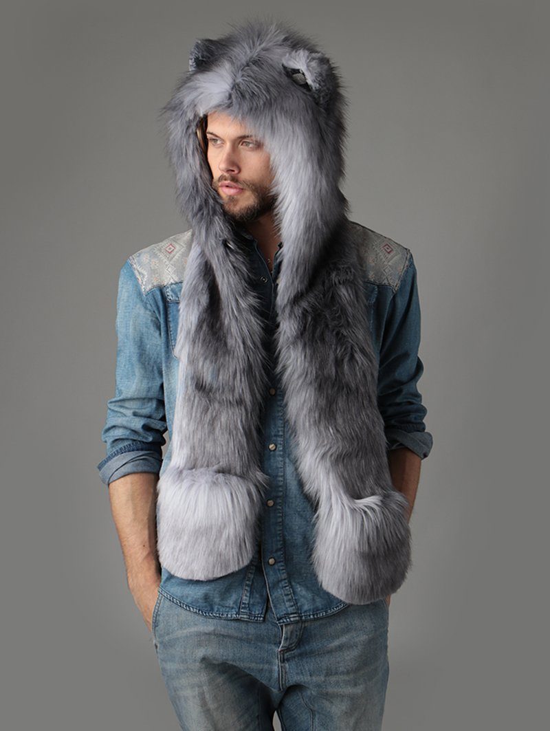 SpiritHoods Unisex Faux Fur Grey Fox CE on Male Model