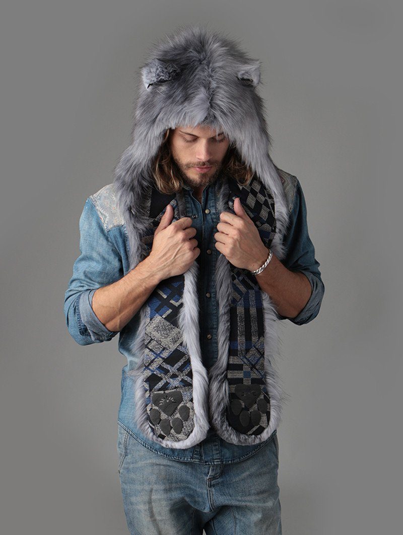 Man wearing faux fur Grey Fox Collector Edition SpiritHood, front view 1