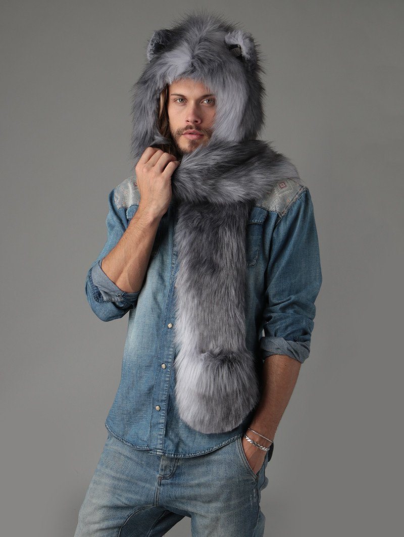 Man wearing faux fur Grey Fox Collector Edition SpiritHood, front view