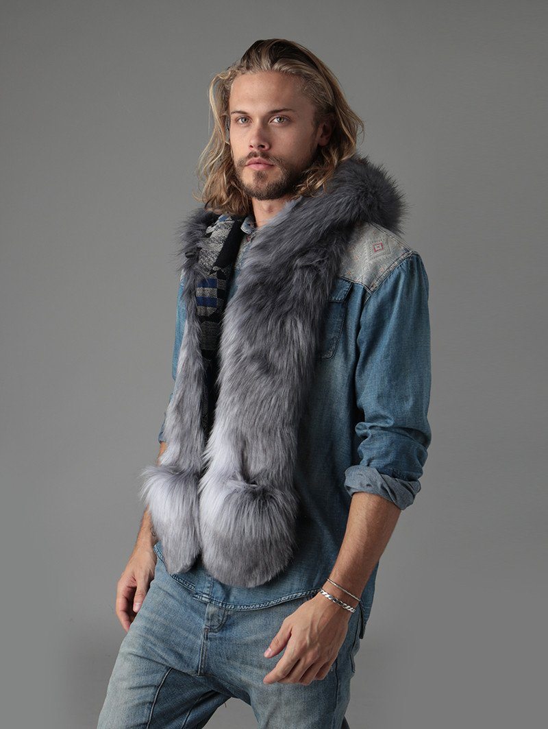 Man wearing faux fur Grey Fox Collector Edition SpiritHood, side view