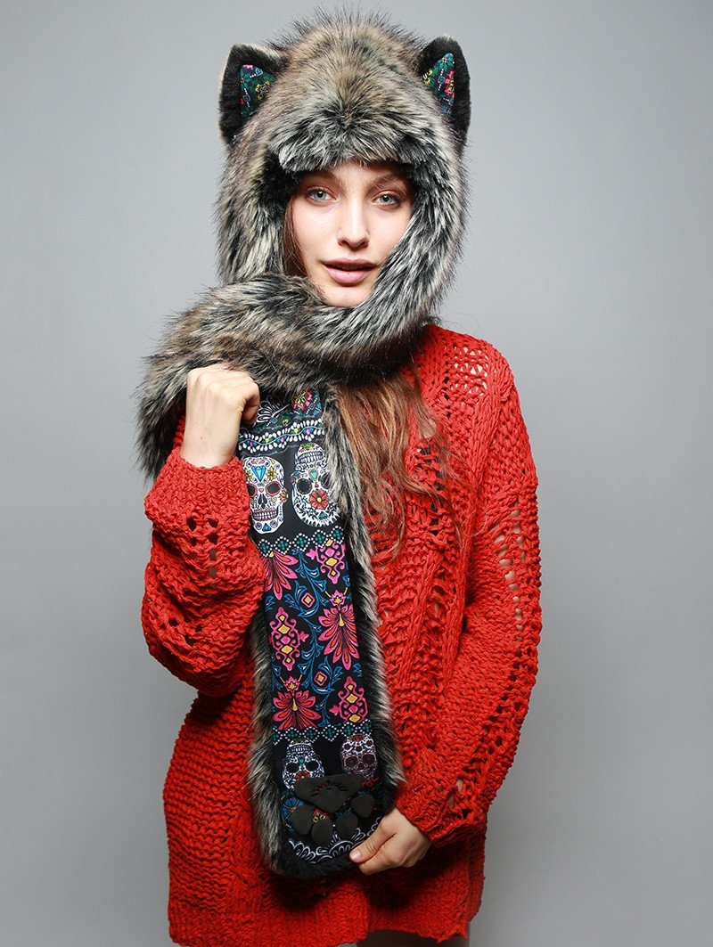 Woman wearing faux fur Mexican Wolf Dia De Los Muertos Collector SpiritHood