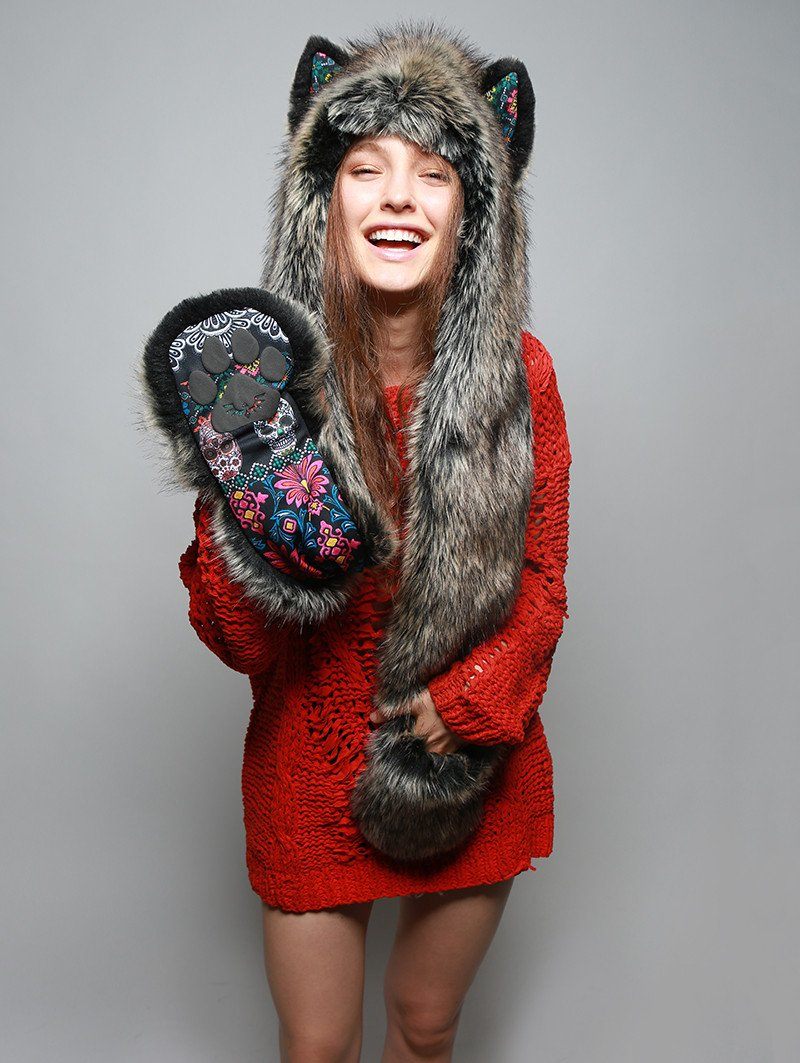 Woman wearing faux fur Mexican Wolf Dia De Los Muertos Collector SpiritHood, front view