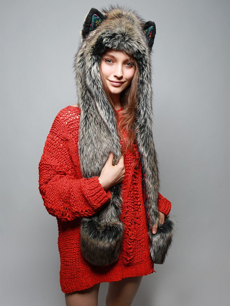 Woman wearing faux fur Mexican Wolf Dia De Los Muertos Collector SpiritHood, side view 2