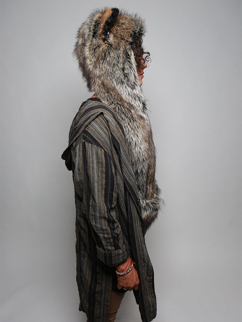 Man wearing faux fur Mexican Wolf Dia De Los Muertos Collector SpiritHood, side view 1