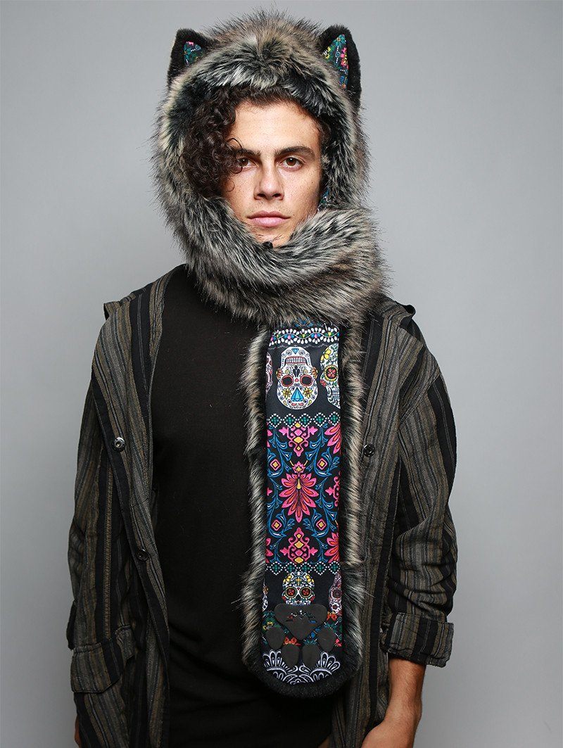 Man wearing faux fur Mexican Wolf Dia De Los Muertos Collector SpiritHood, front view 2