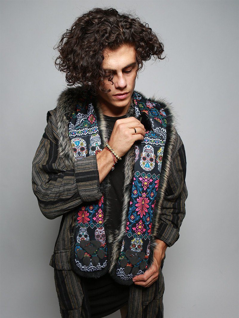 Man wearing faux fur Mexican Wolf Dia De Los Muertos Collector SpiritHood, front view 4