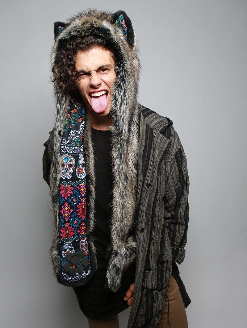 Man wearing faux fur Mexican Wolf Dia De Los Muertos Collector SpiritHood, front view 3