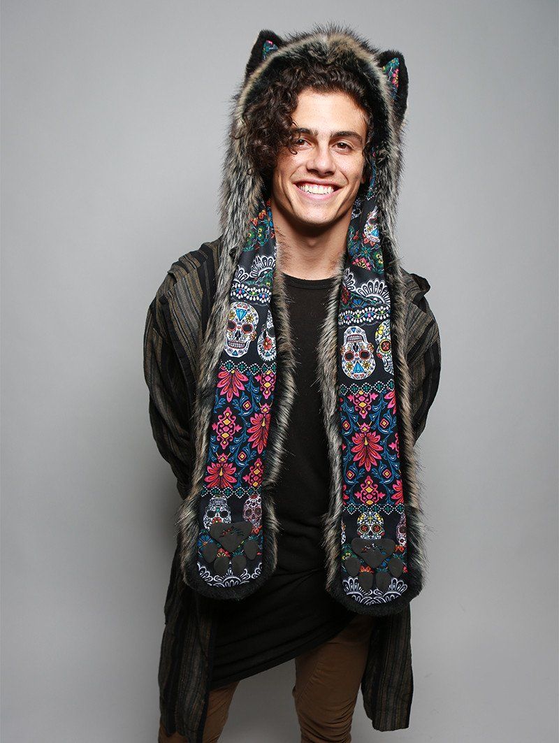 Man wearing faux fur Mexican Wolf Dia De Los Muertos Collector SpiritHood, front view 1