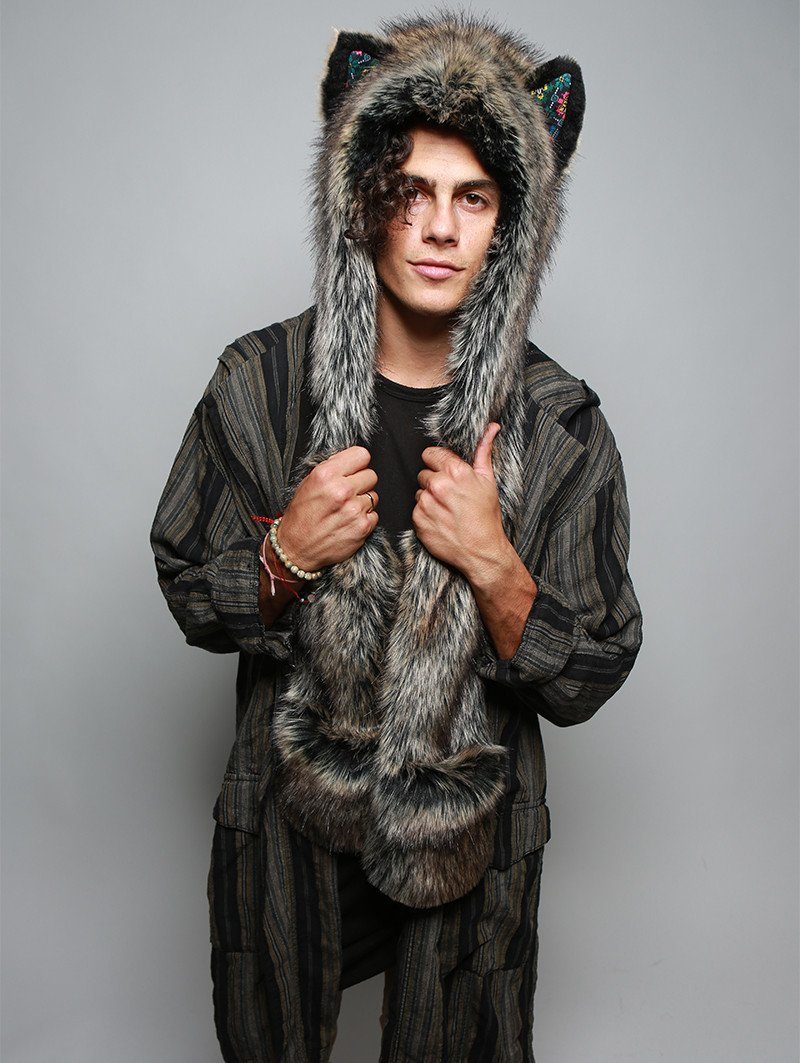 Man wearing faux fur Mexican Wolf Dia De Los Muertos Collector SpiritHood, front view 5