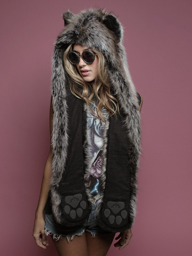 Woman in Sunglasses Wearing Grey Wolf Hooded Faux Fur