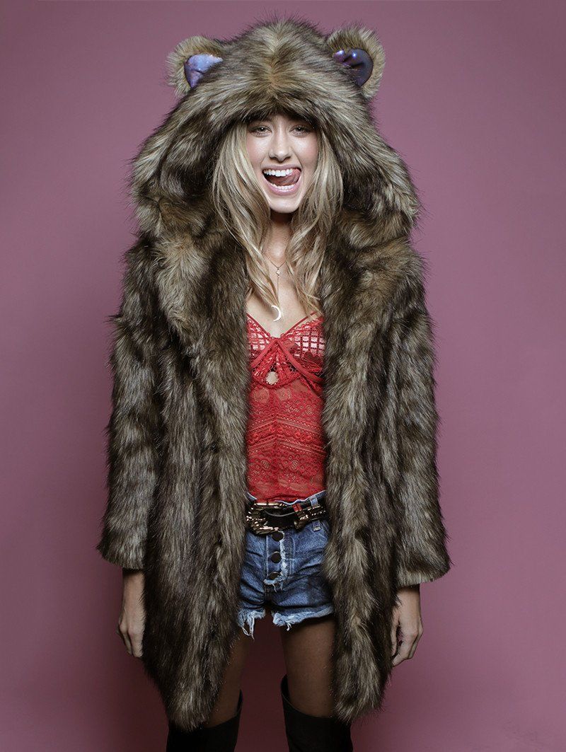 Grizzly Golden Galaxy Faux Fur Coat with Hood on Female