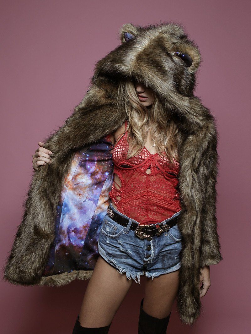 Grizzly Golden Galaxy Faux Fur Coat with Hood