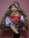 Exterior and Interior View of Grizzly Golden Galaxy Faux Fur Coat 