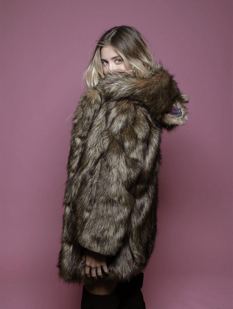 Hooded Faux Fur Coat with Golden Grizzly Galaxy Design