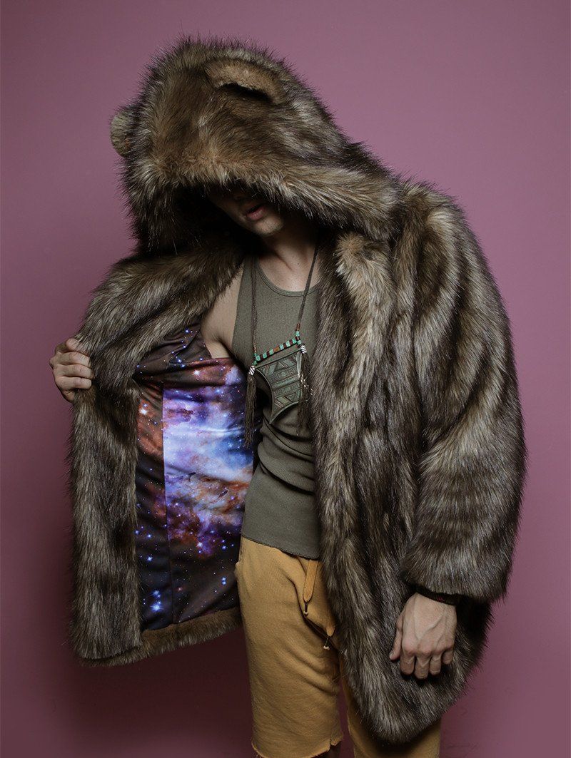 Man wearing Grizzly Golden Galaxy Faux Fur Coat, front view