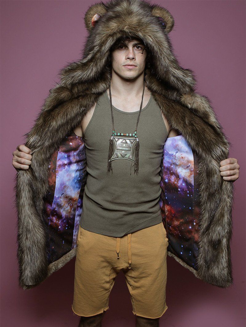 Man wearing Grizzly Golden Galaxy Faux Fur Coat
