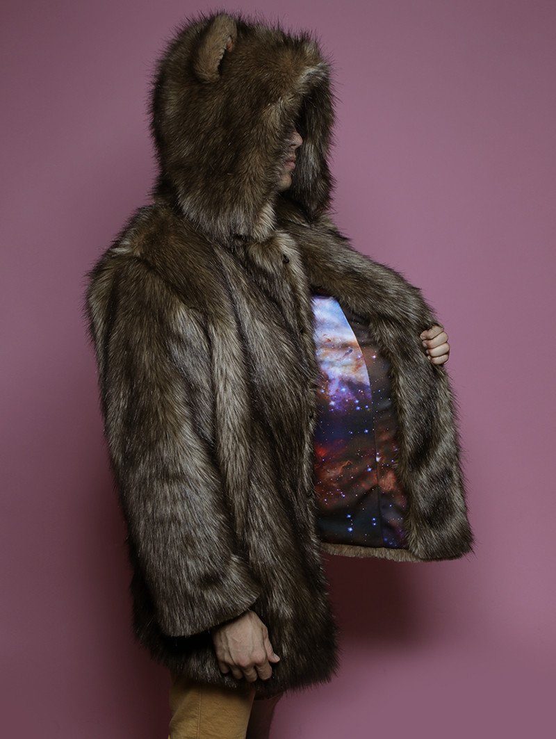 Man wearing Grizzly Golden Galaxy Faux Fur Coat, side view